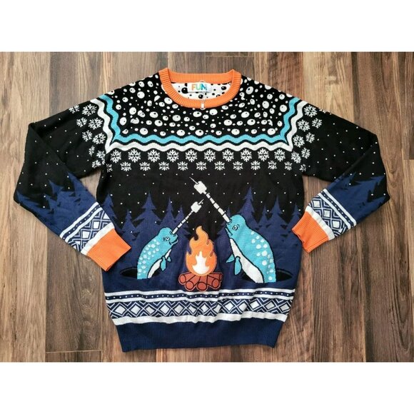 NWOT Fun.com Narwhal Blue Orange Crewneck Novelty Sweater Unisex Size L - Picture 1 of 6